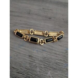 Vintage Gold Tone Black Onyx Style Rectangular Link Bracelet Magnetic Clasp